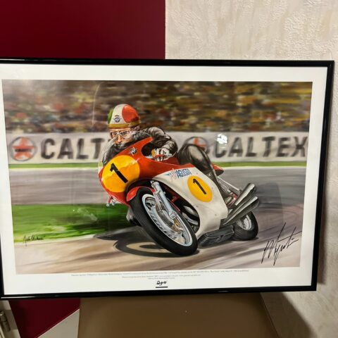 Gesigneerd Schilderij van Giacomo Agostini – Racend op zijn MV Agusta 500cc