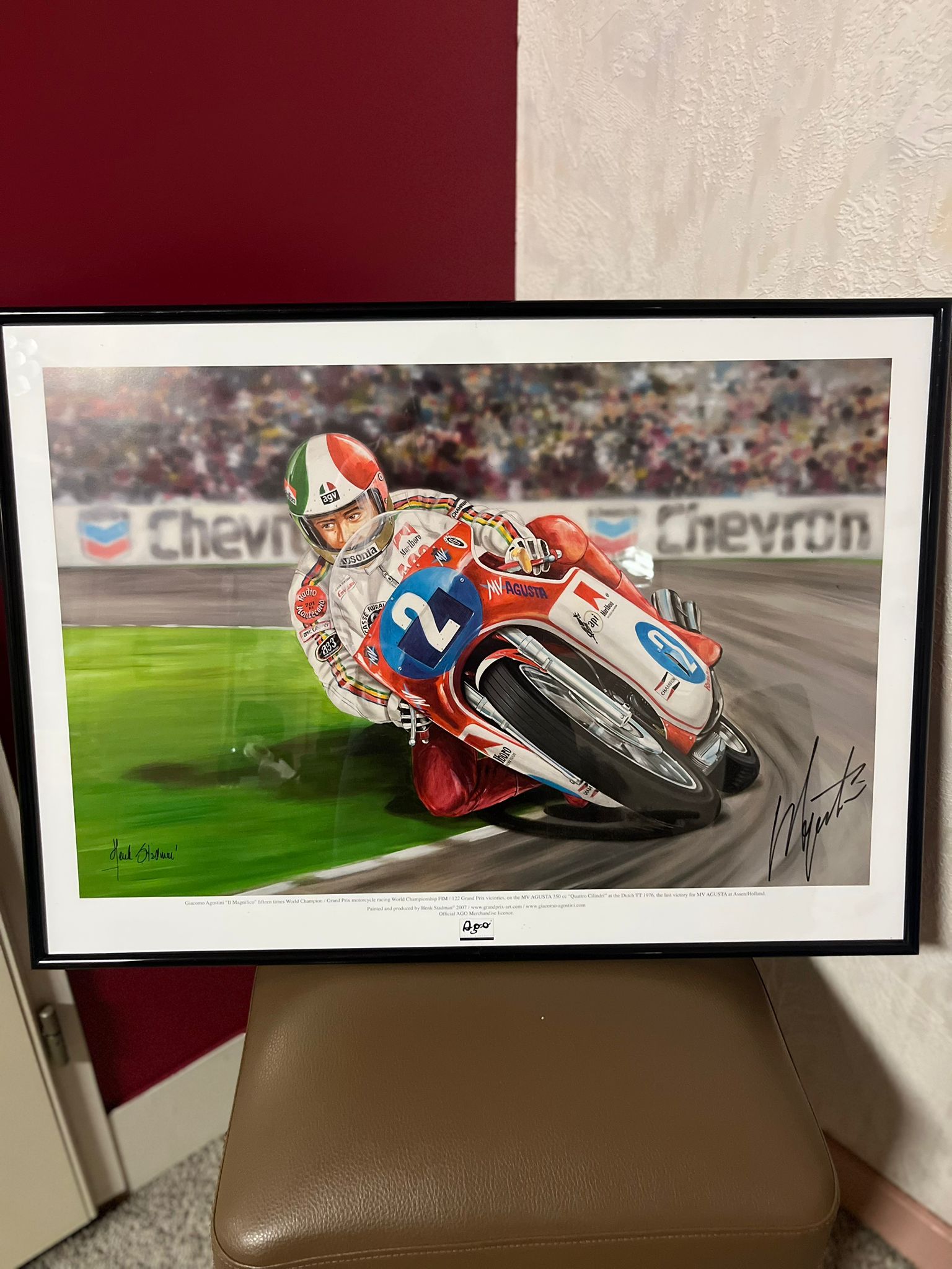 Gesigneerd Schilderij van Giacomo Agostini – MV Agusta 350cc tijdens de Dutch TT 1976