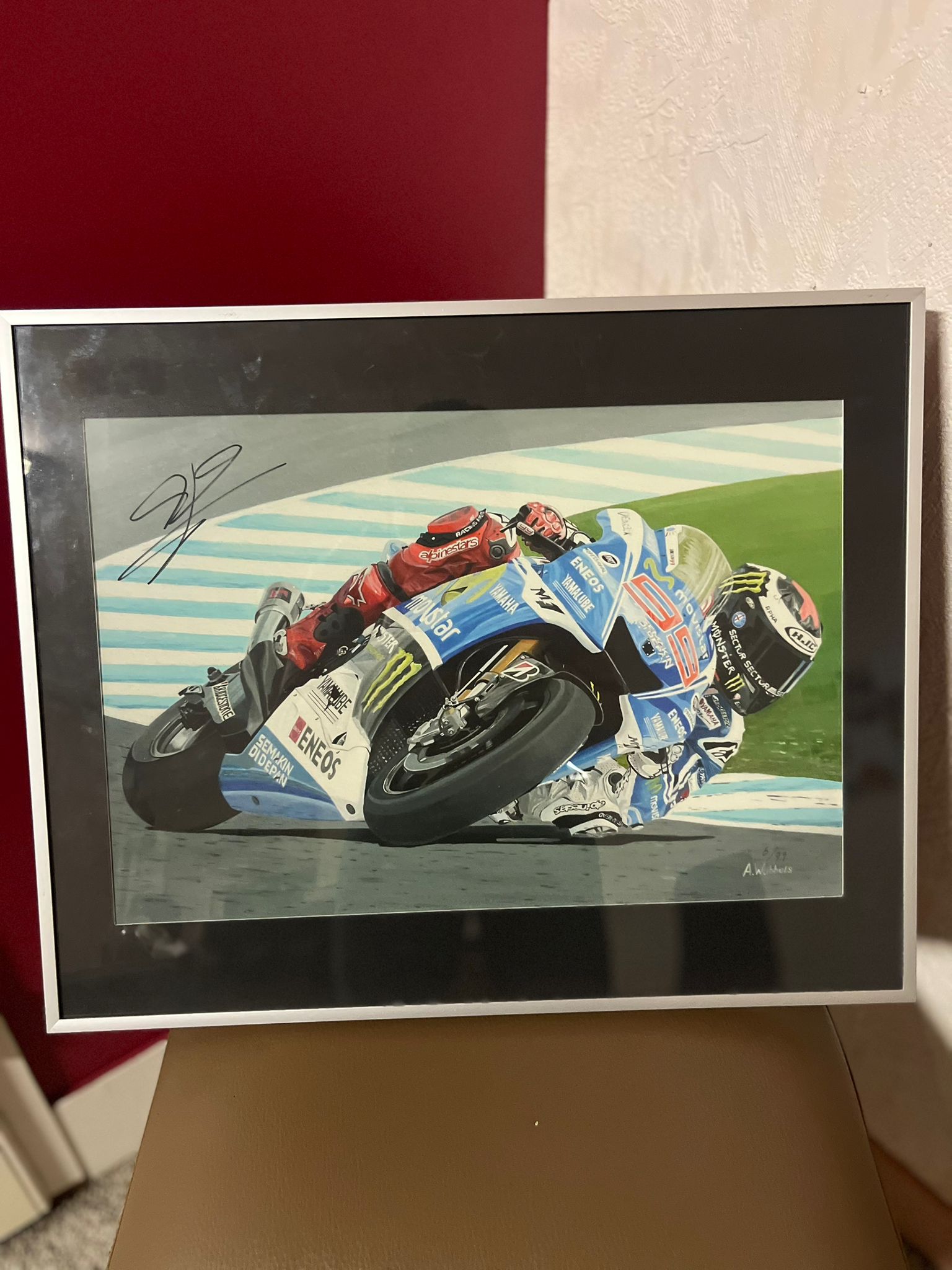 Gesigneerd Schilderij van Jorge Lorenzo – Fabrieksteam Yamaha tijdens MotoGP Spanje, Circuito de Jerez 2015