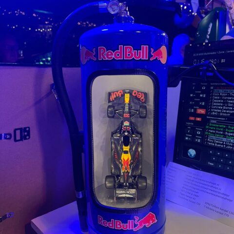 Unieke Blauwe Brandblusser met Max Verstappen F1 Auto & Verlichting
