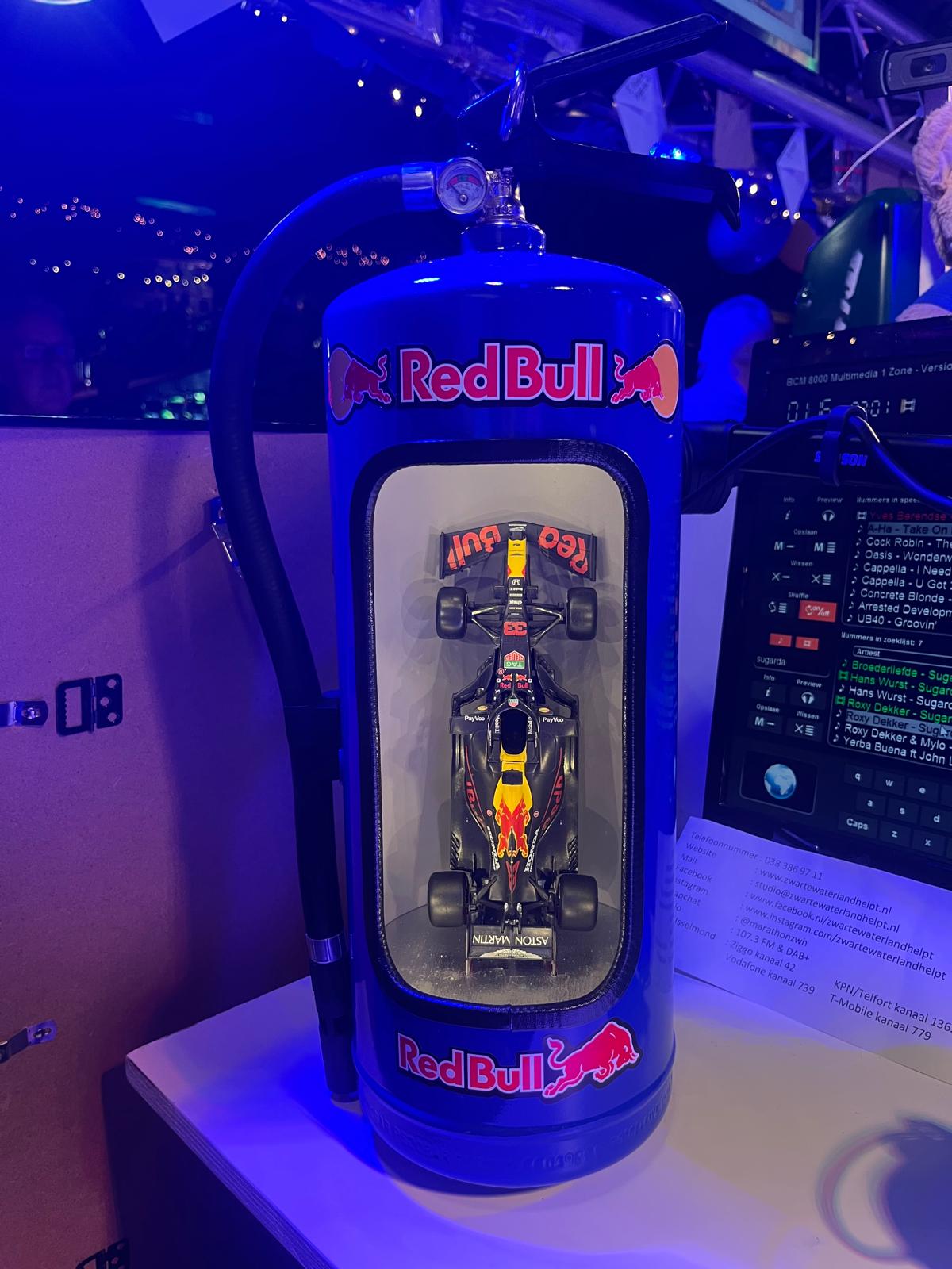 Unieke Blauwe Brandblusser met Max Verstappen F1 Auto & Verlichting